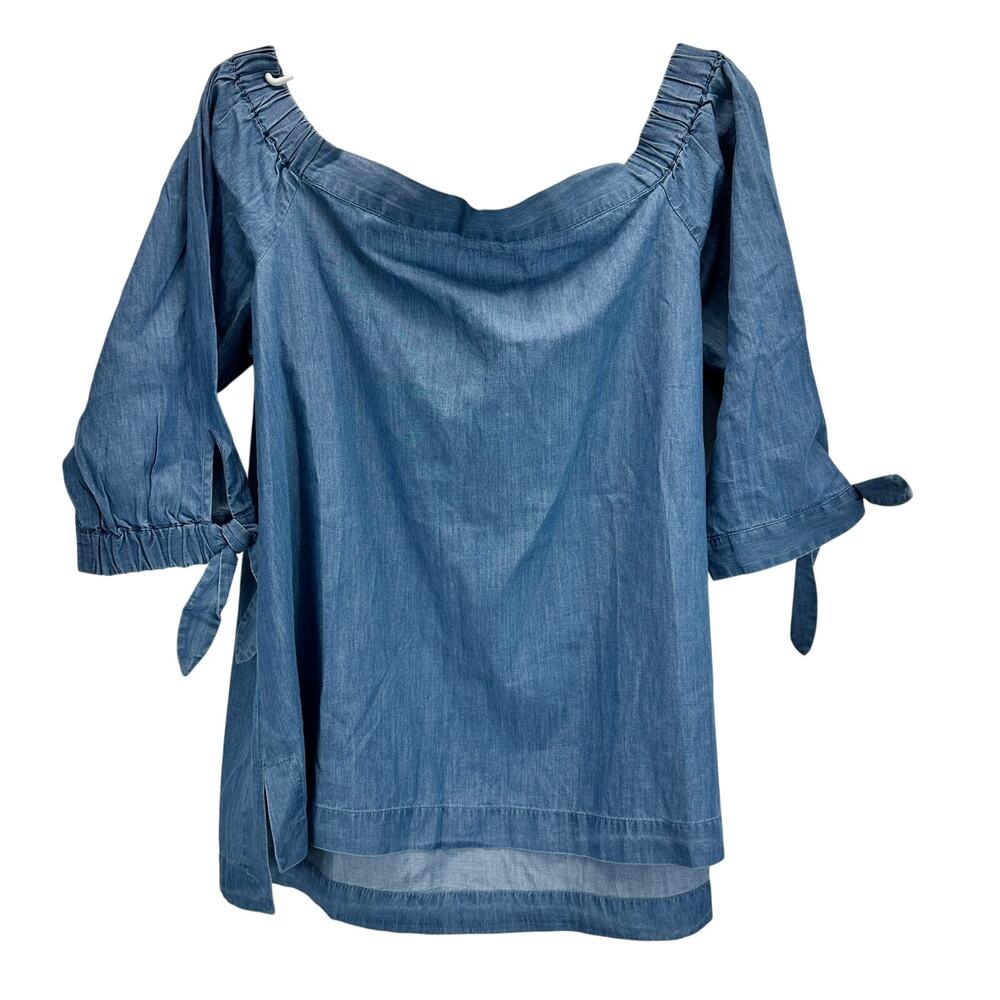 Ann Taylor Loft Off Shoulder Chambray Bow Sleeve Blouse Med